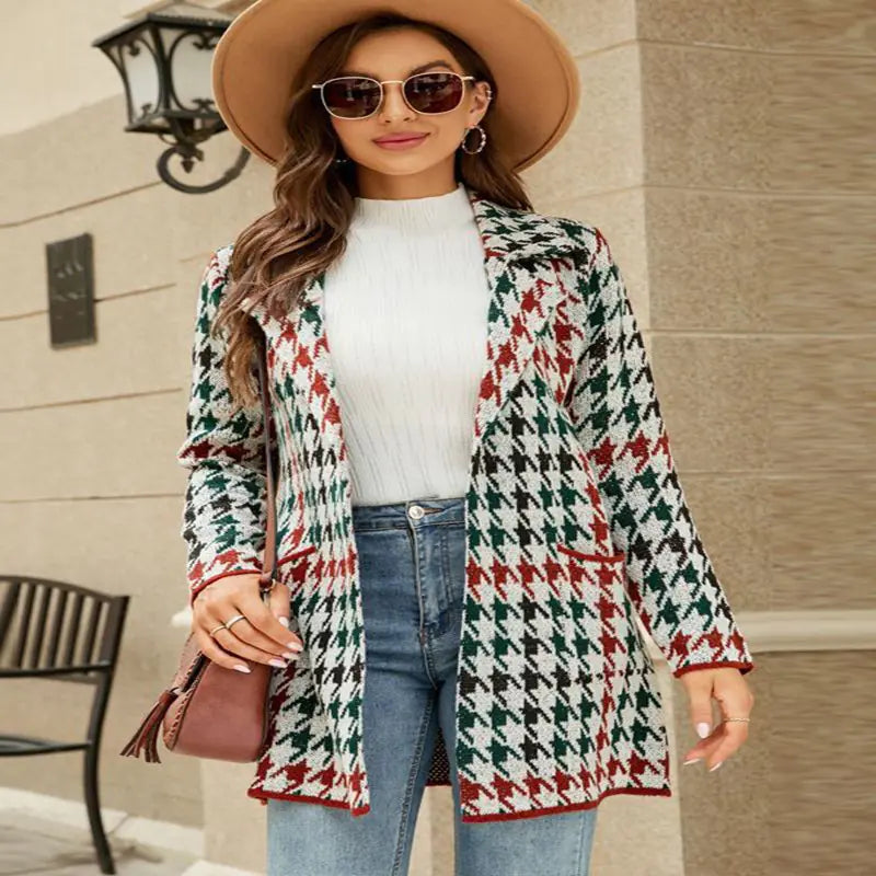 Contrast Houndstooth Knit Long Sweater Cardigan Coat