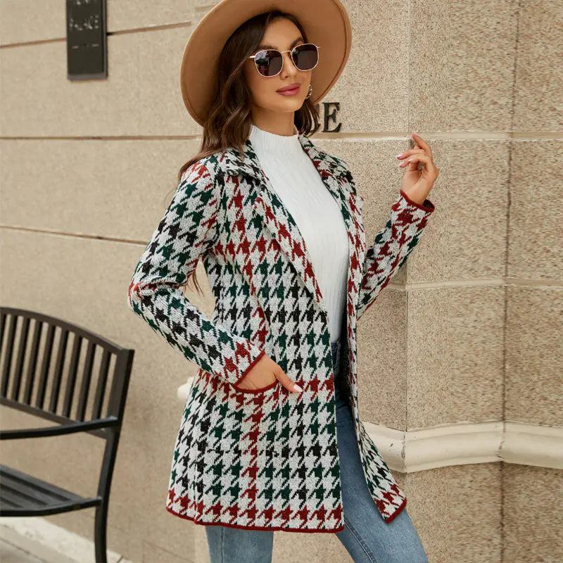 Contrast Houndstooth Knit Long Sweater Cardigan Coat