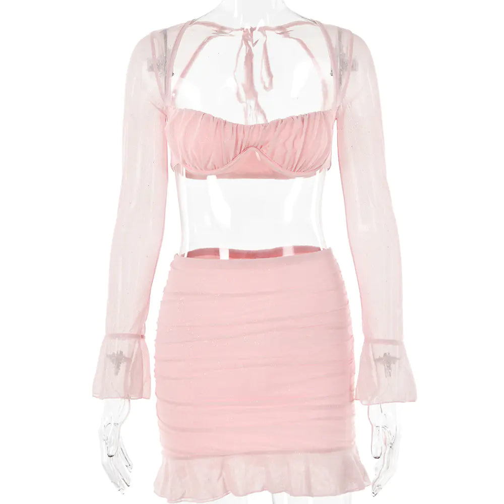 Square Collar Bell Sleeve Backless Sheath Skirt Outfit