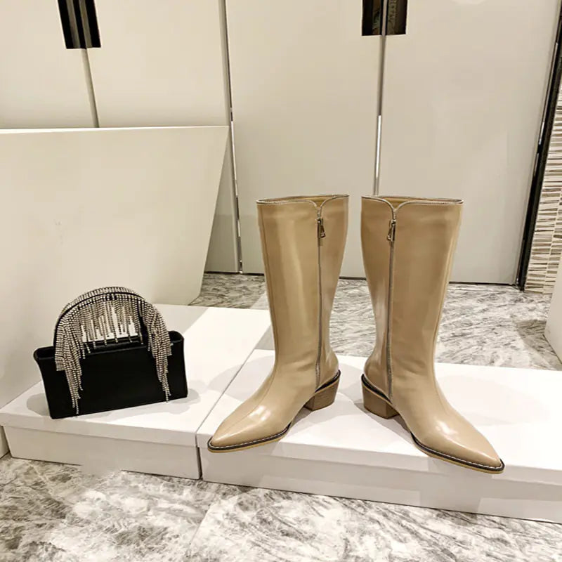 Genuine Leather Women's Cowboy Boots with Side Zip