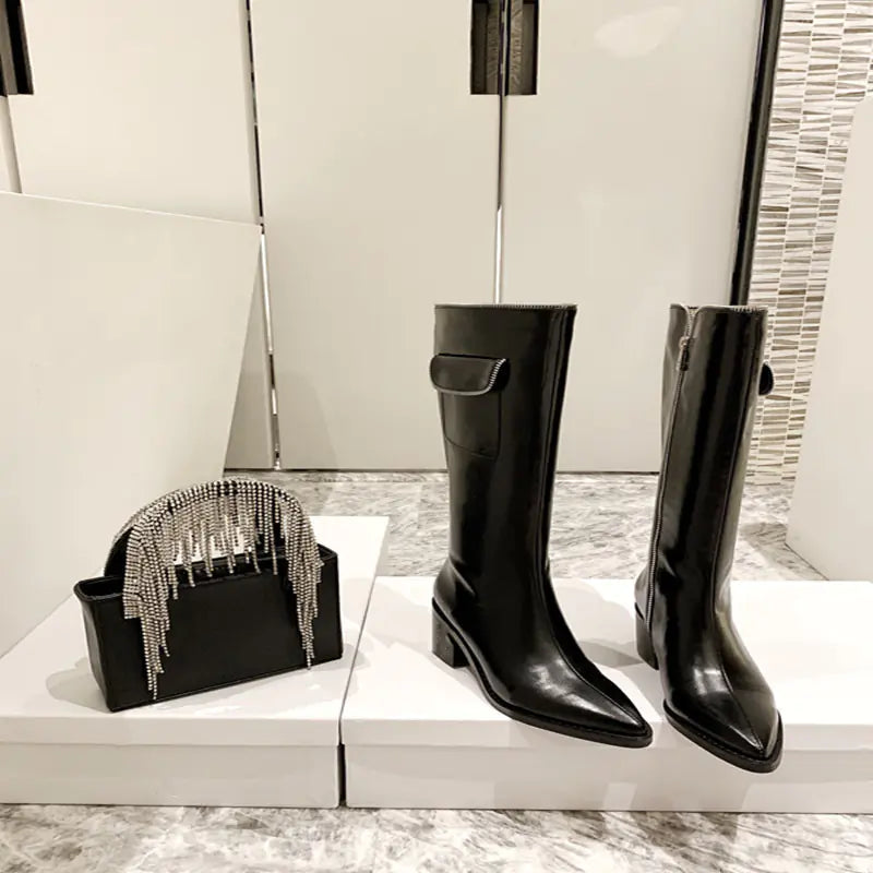 Genuine Leather Women's Cowboy Boots with Side Zip