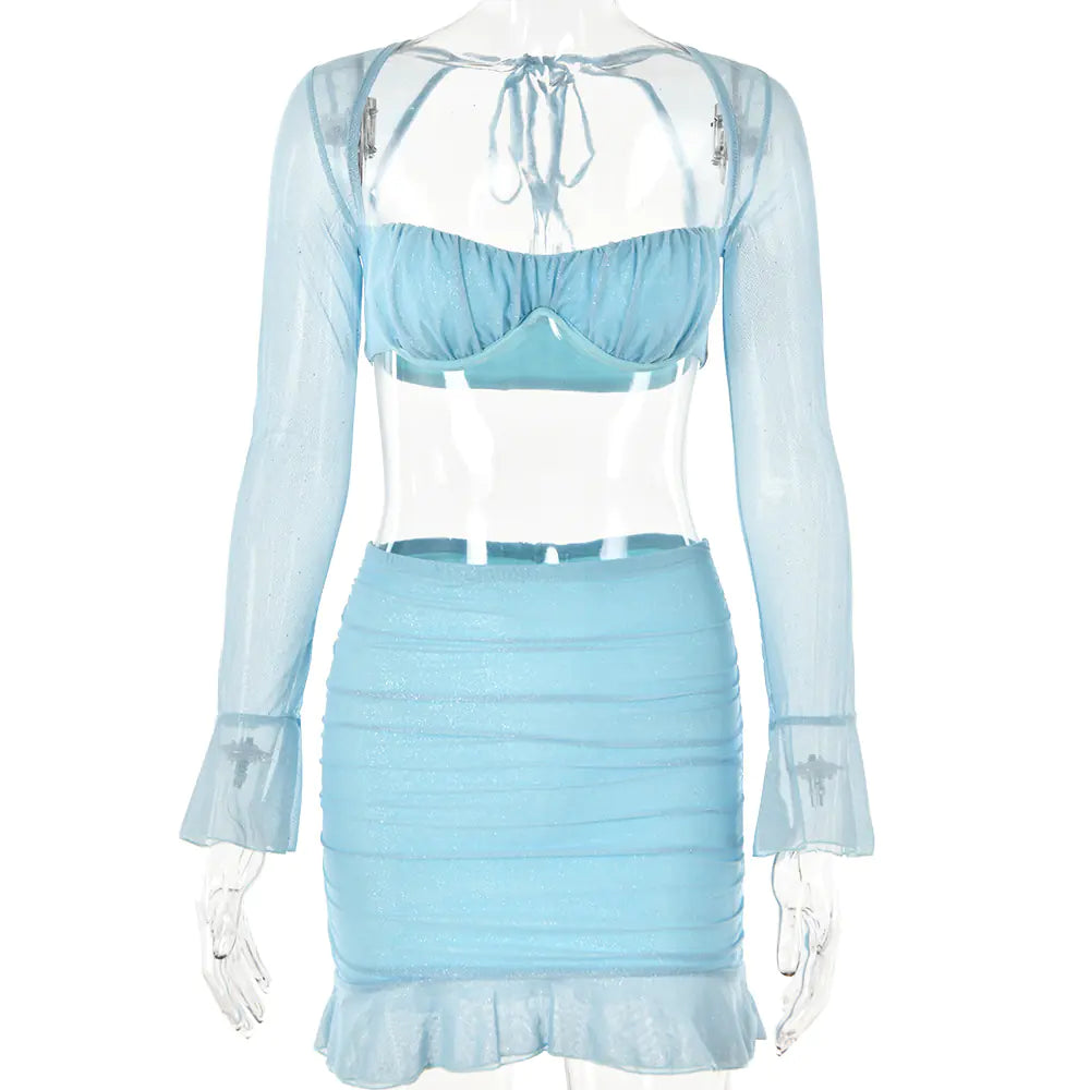 Square Collar Bell Sleeve Backless Sheath Skirt Outfit