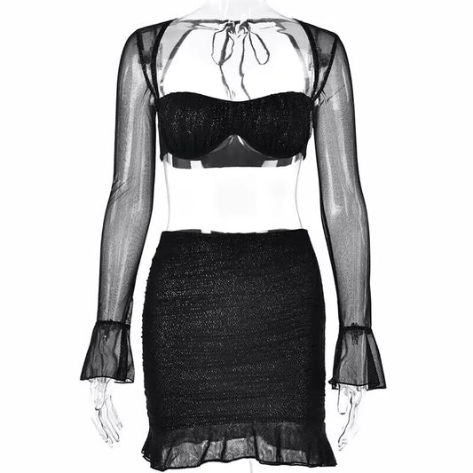 Square Collar Bell Sleeve Backless Sheath Skirt Outfit