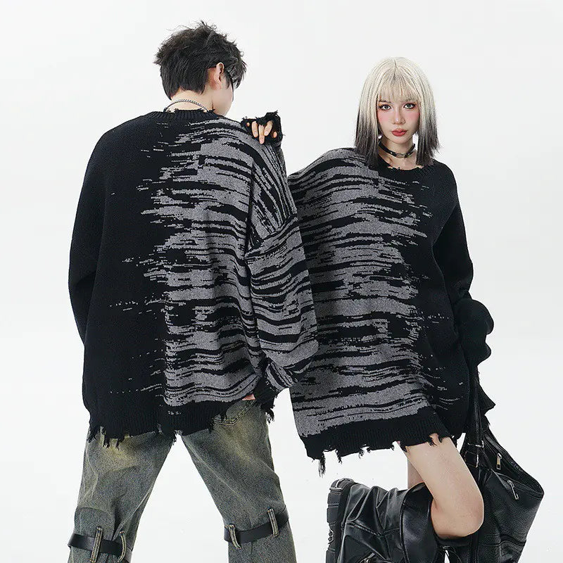 Zebra Pattern Ripped Tassel Loose Neck Knit Sweater