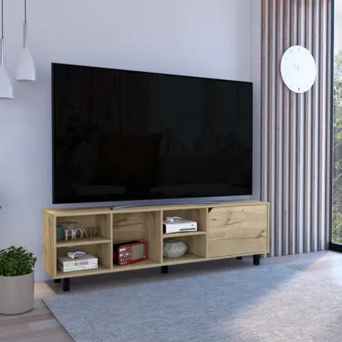 Conquest Tv Stand For TV S , Four Open Shelves, Five Legs, Light Oak