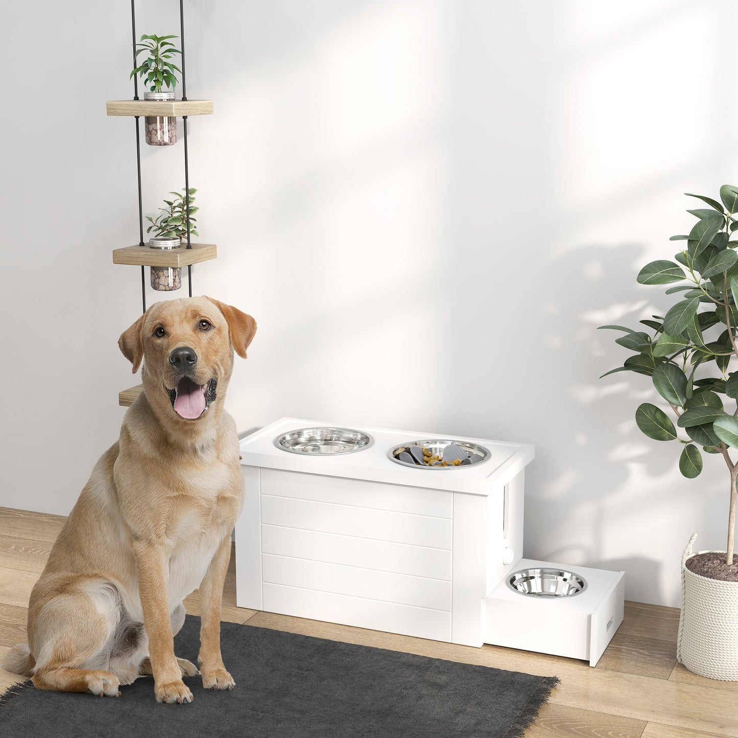 Raised Dog Bowls w/ Slow Feeder Mat, Storage Cabinet, 3 Stainless Steel Bowls, Semi-Auto Dispenser Function, White