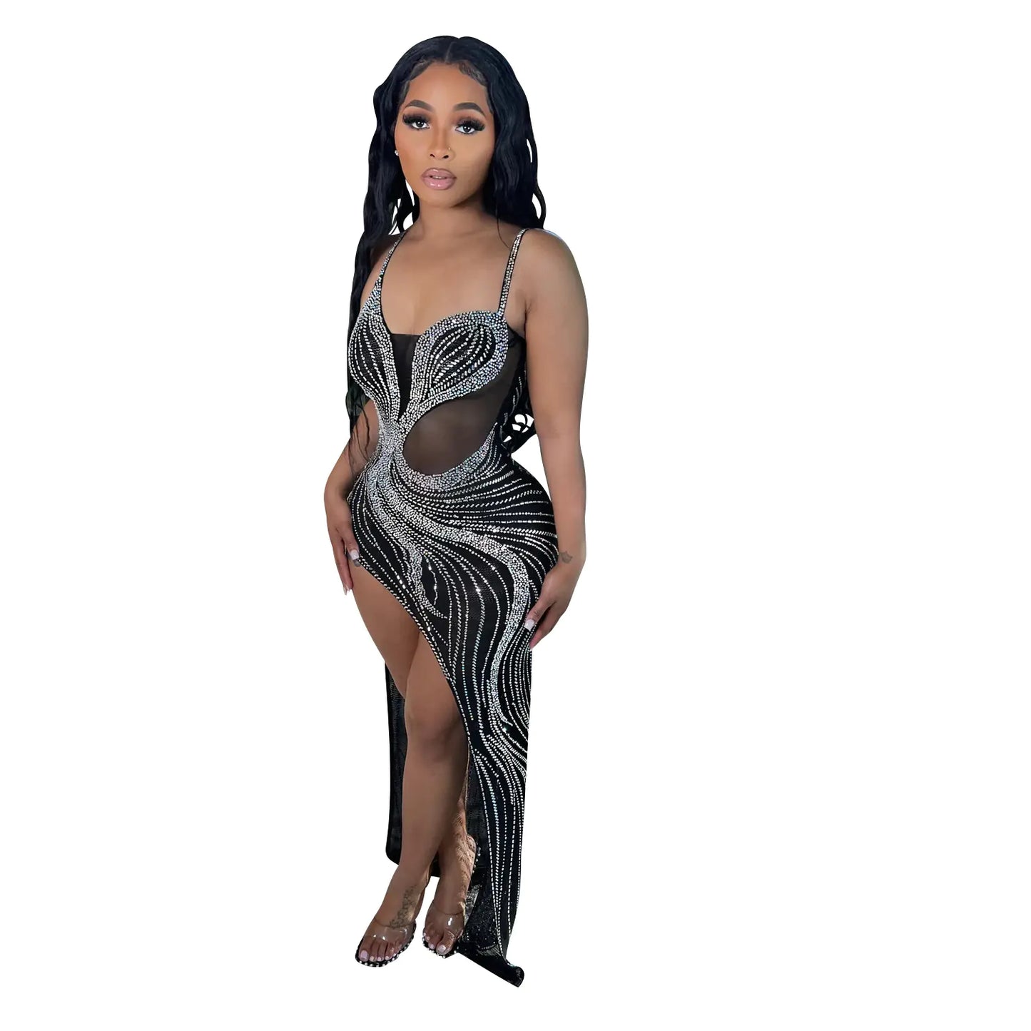 Women's Rhinestone Mesh Slip Dress for Night Club