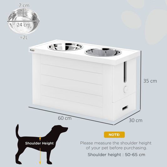 Raised Dog Bowls w/ Slow Feeder Mat, Storage Cabinet, 3 Stainless Steel Bowls, Semi-Auto Dispenser Function, White