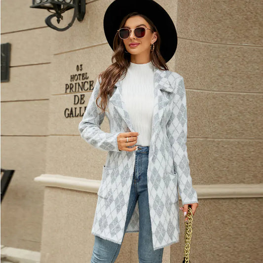 Contrast Houndstooth Knit Long Sweater Cardigan Coat