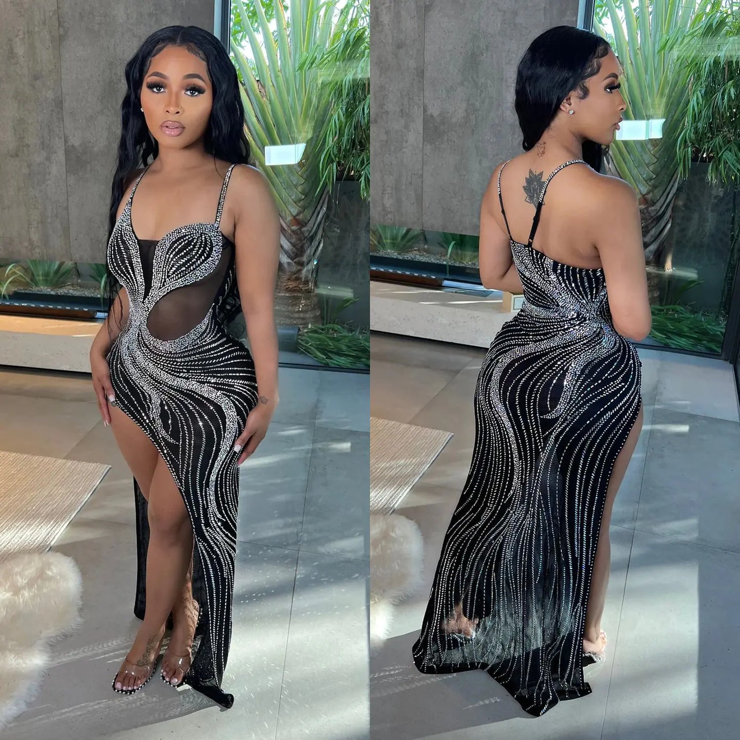 Women's Rhinestone Mesh Slip Dress for Night Club