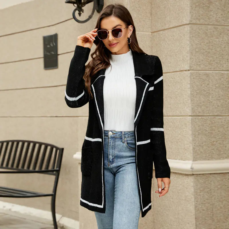 Contrast Houndstooth Knit Long Sweater Cardigan Coat