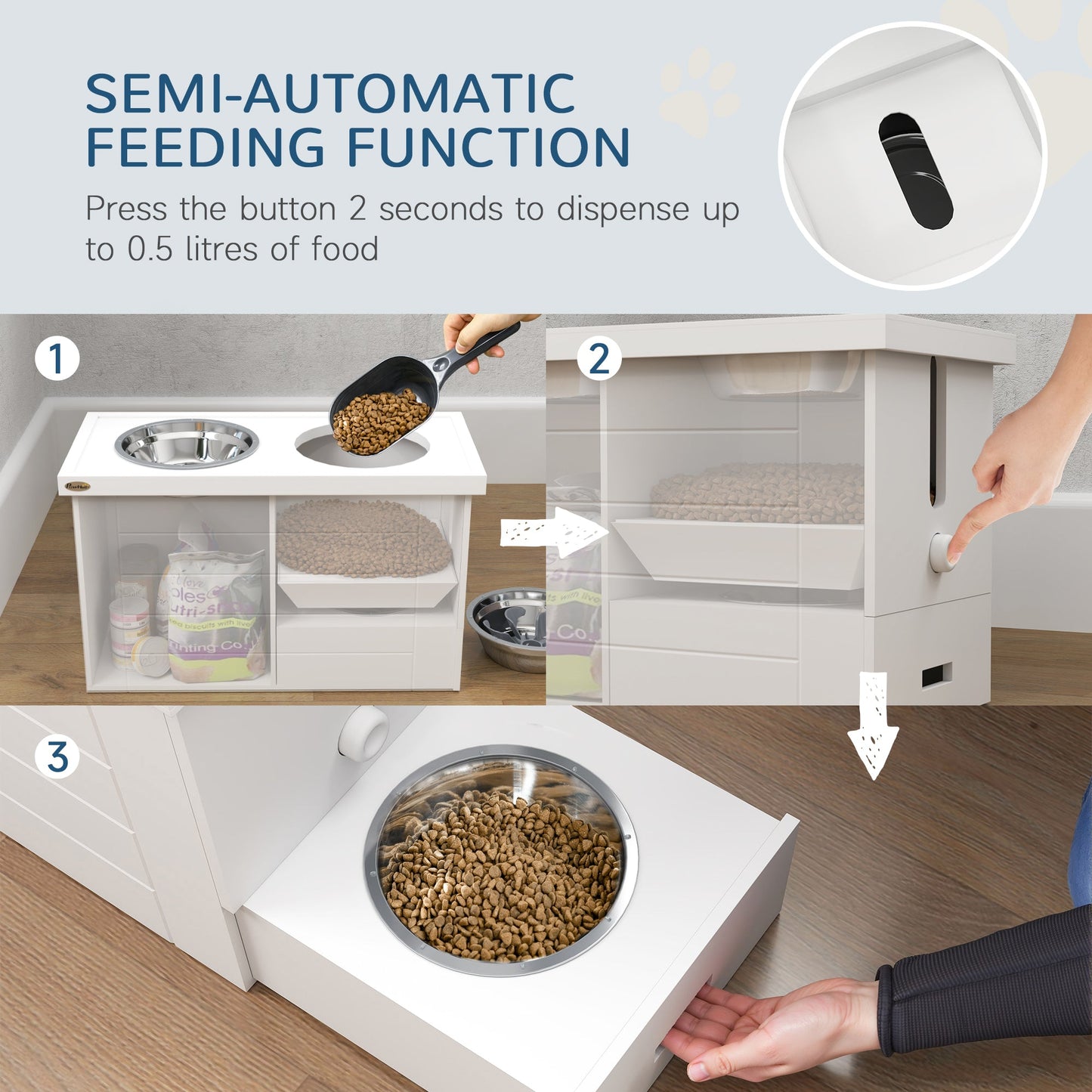 Raised Dog Bowls w/ Slow Feeder Mat, Storage Cabinet, 3 Stainless Steel Bowls, Semi-Auto Dispenser Function, White
