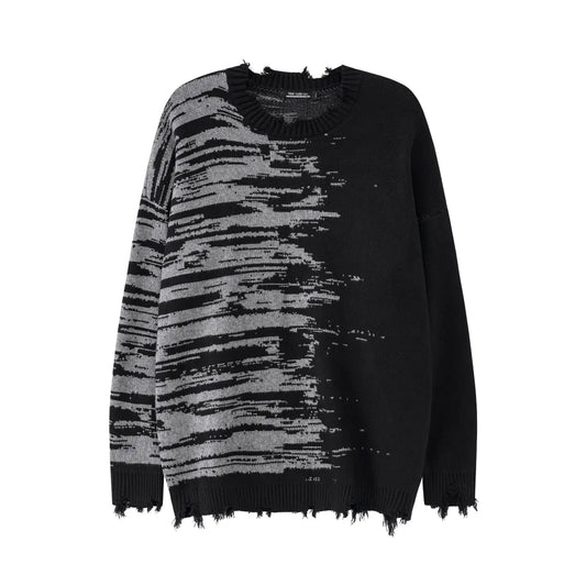 Zebra Pattern Ripped Tassel Loose Neck Knit Sweater