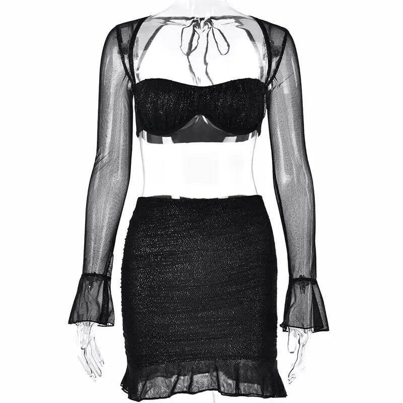 Square Collar Bell Sleeve Backless Sheath Skirt Outfit
